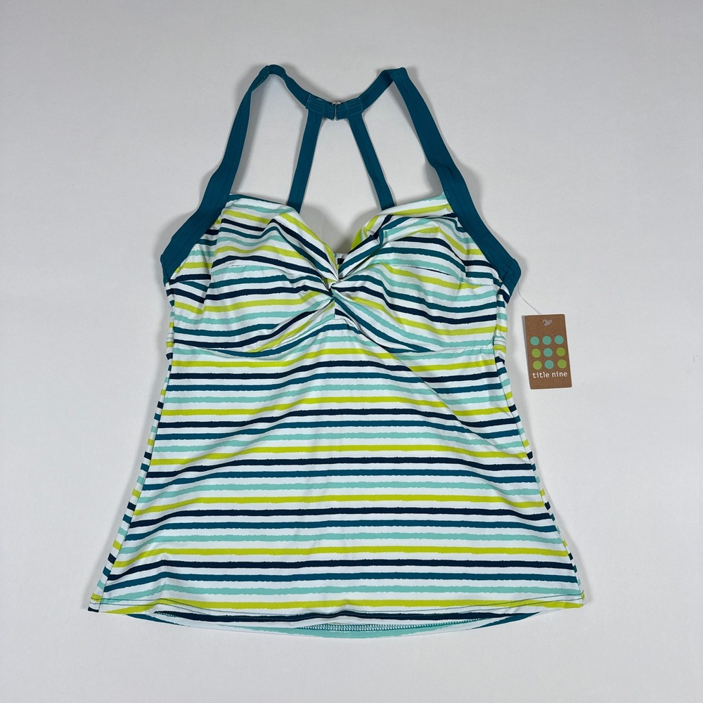 Title Nine Tankini‎ Swim Top Womens 32D Blue Green Striped Twist Front Athletic